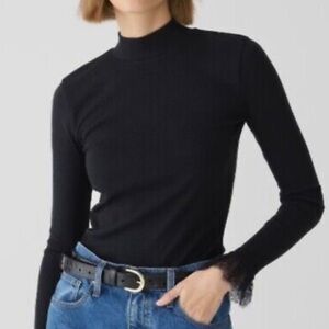 NWT J Crew Vintage Rib Lace Cuff Mock Neck T Shirt Black XS BV930